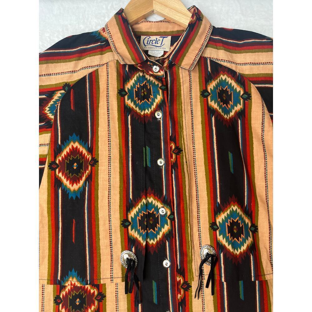VNTG Circle T Southwest Cowboy Boho Button Down Shirt Womens Sz L Tassels Tribal - Picture 2 of 10